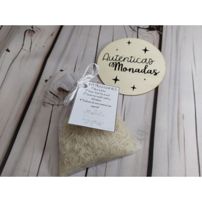 Saquitos de Organza con Arroz y Etiqueta Personalizada – Detalle para Invitados de Boda