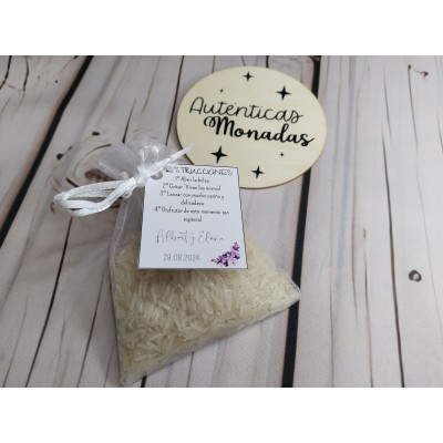 Saquitos de Organza con Arroz y Etiqueta Personalizada – Detalle para Invitados de Boda