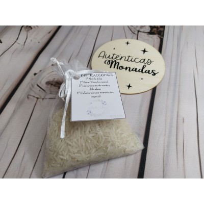 Saquitos de Organza con Arroz y Etiqueta Personalizada – Detalle para Invitados de Boda