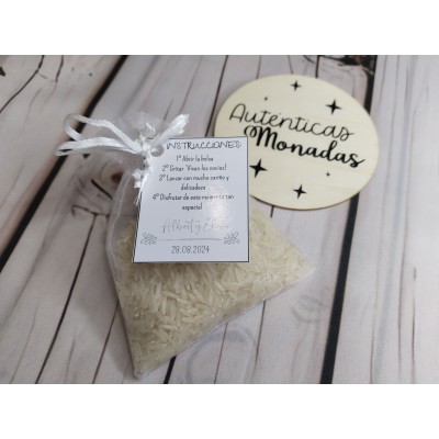 Saquitos de Organza con Arroz y Etiqueta Personalizada – Detalle para Invitados de Boda