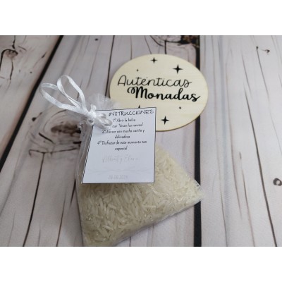 Saquitos de Organza con Arroz y Etiqueta Personalizada – Detalle para Invitados de Boda