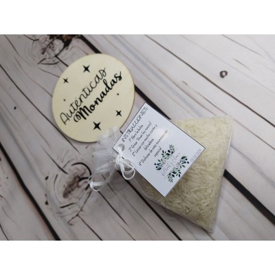 Saquitos de Organza con Arroz y Etiqueta Personalizada – Detalle para Invitados de Boda