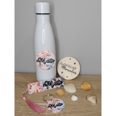 Pack Verano Estrellas de Mar – Botella 700 ml, Marcapáginas y Llavero Personalizable | Regalo Mujer