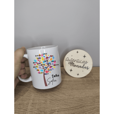 Taza Fin de Curso Personalizada Diseño Árbol con Huellas y Nombres | Profe, Seño o Teacher