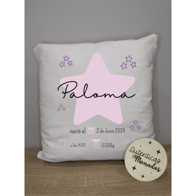 Cojín de natalicio personalizado diseño estrella para niña con nombre y datos de nacimiento
