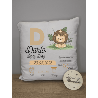 Cojín Personalizado de Natalicio Diseño León | Regalo Unisex para Bebé