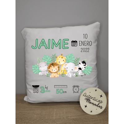 Cojín Personalizado de Natalicio Diseño Selva | Bebé Niño o Niña