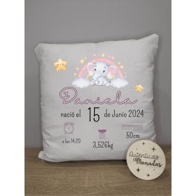Cojín Personalizado de Natalicio Diseño Elefante Rosa | Regalo para Bebé Niña
