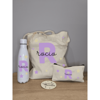 Pack Bolso, Neceser y Botella Personalizados con Inicial y Nombre – Estrellas Doradas