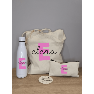 Pack Bolso, Neceser y Botella Personalizados con Inicial y Nombre – Diseño Minimalista