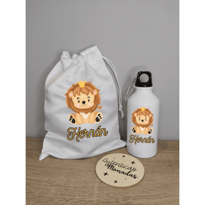 Bolsa de Desayuno + Bidón 400ml León Personalizado – Material Escolar Infantil