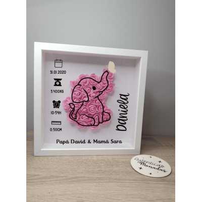 Cuadro natalicio personalizado diseño elefante en madera con flores de goma eva y nombre del bebé