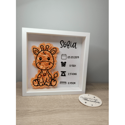 Cuadro Personalizado de Natalicio en Madera Diseño Jirafa | Con Flores de Goma Eva