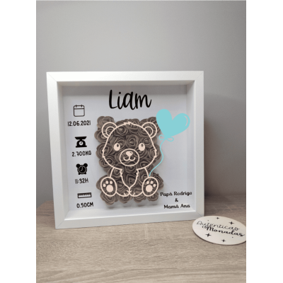 Cuadro natalicio personalizado diseño oso en madera con flores de goma eva y nombre del bebé