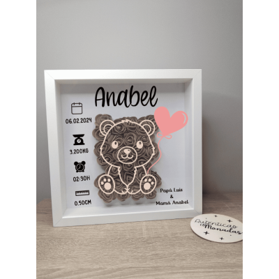 Cuadro natalicio personalizado diseño oso en madera con flores de goma eva y nombre del bebé