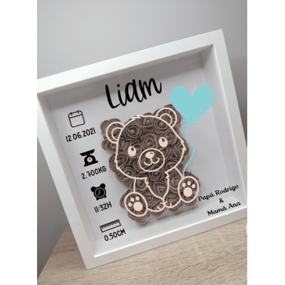 Cuadro natalicio personalizado diseño oso en madera con flores de goma eva y nombre del bebé
