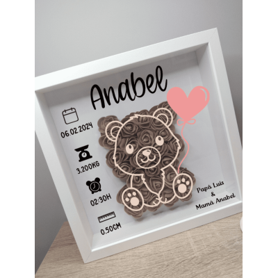 Cuadro natalicio personalizado diseño oso en madera con flores de goma eva y nombre del bebé