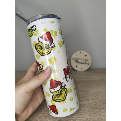 Vaso Termo Glitter 600 ml con Diseño Grinch – Incluye Pajita Metálica | Regalo Navidad