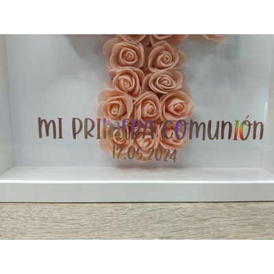 Cuadro Personalizado Mi Primera Comunión con Cruz y Flores – Marco Blanco 25x25 cm