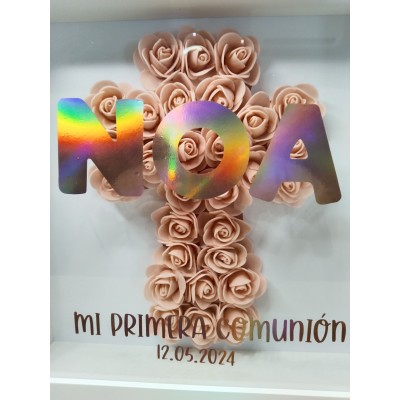 Cuadro Personalizado Mi Primera Comunión con Cruz y Flores – Marco Blanco 25x25 cm