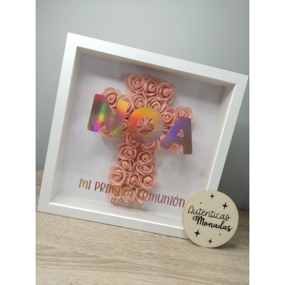 Cuadro Personalizado Mi Primera Comunión con Cruz y Flores – Marco Blanco 25x25 cm