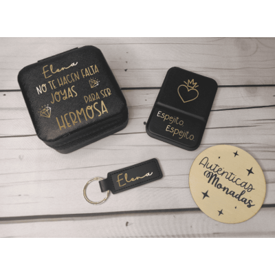 Pack Personalizado “No te hacen falta joyas para ser hermosa” – Joyero, Espejo y Llavero Negro