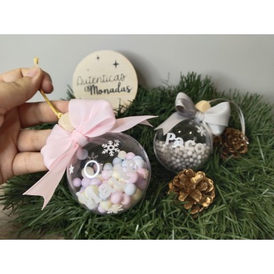 Esfera Navideña Personalizada 5 cm con Nombre en Glitter Blanco y Relleno de Bolitas de Corcho
