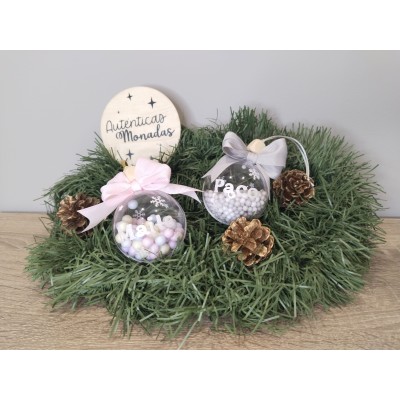 Esfera Navideña Personalizada 5 cm con Nombre en Glitter Blanco y Relleno de Bolitas de Corcho