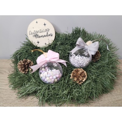 Esfera Navideña Personalizada 5 cm con Nombre en Glitter Blanco y Relleno de Bolitas de Corcho