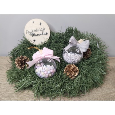 Esfera Navideña Personalizada 5 cm con Nombre en Glitter Blanco y Relleno de Bolitas de Corcho