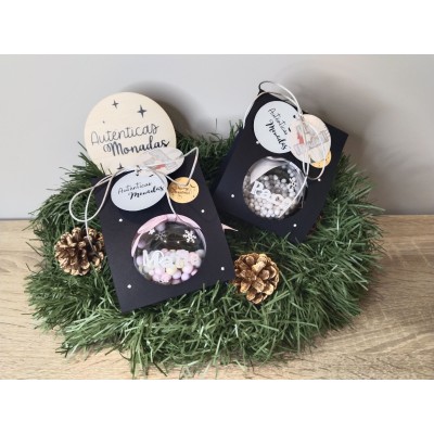 Esfera Navideña Personalizada 5 cm con Nombre en Glitter Blanco y Relleno de Bolitas de Corcho