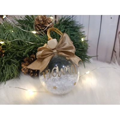 Esfera Navideña Personalizada 5 cm con Nombre en Glitter Dorado y Lazo Dorado