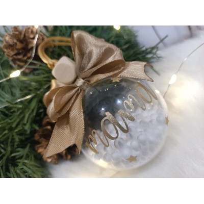 Esfera Navideña Personalizada 5 cm con Nombre en Glitter Dorado y Lazo Dorado
