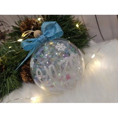 Esfera Navideña Personalizada 7 cm con Nombre en Glitter Blanco y Relleno Brillante