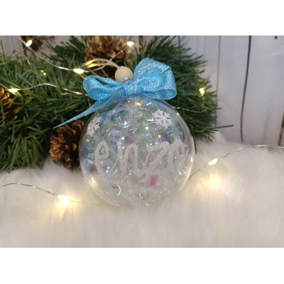 Esfera Navideña Personalizada 7 cm con Nombre en Glitter Blanco y Relleno Brillante