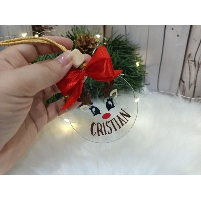 Adorno Navideño de Acrílico Diseño Reno Ojitos Personalizado con Nombre y Lazo Rojo