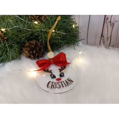 Adorno Navideño de Acrílico Diseño Reno Ojitos Personalizado con Nombre y Lazo Rojo