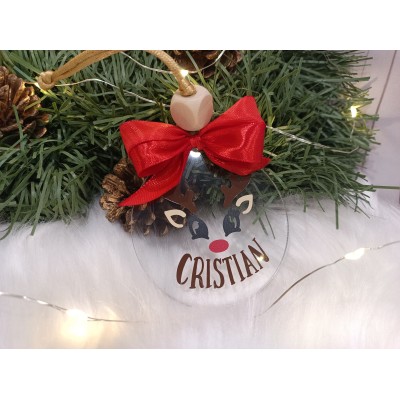 Adorno Navideño de Acrílico Diseño Reno Ojitos Personalizado con Nombre y Lazo Rojo
