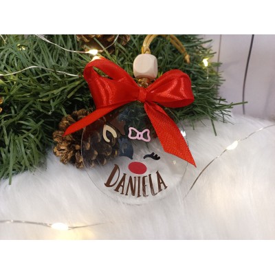 Adorno Navideño de Acrílico Diseño Reno Ojitos Personalizado con Nombre y Lazo Rojo