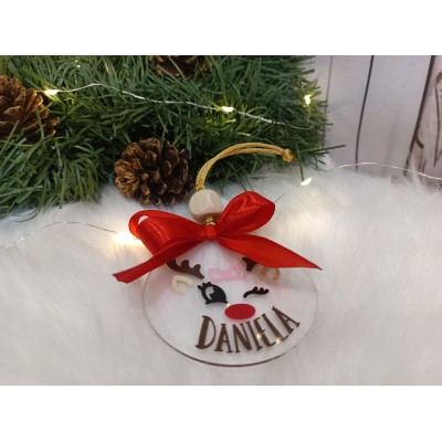 Adorno Navideño de Acrílico Diseño Reno Ojitos Personalizado con Nombre y Lazo Rojo