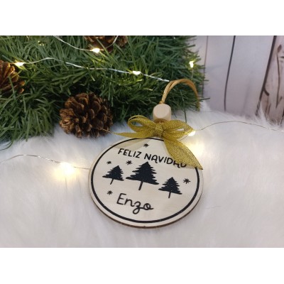 Decoración Navideña Personalizada de Madera Natural 7,3 cm con Nombre y Mensaje "Feliz Navidad"