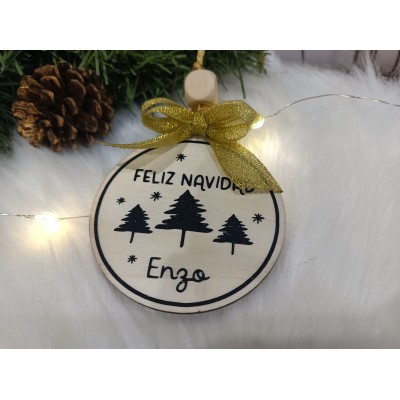 Decoración Navideña Personalizada de Madera Natural 7,3 cm con Nombre y Mensaje "Feliz Navidad"