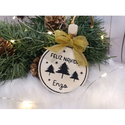 Decoración Navideña Personalizada de Madera Natural 7,3 cm con Nombre y Mensaje "Feliz Navidad"