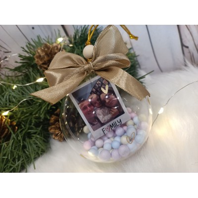 Esfera Navideña Personalizada con Fotografía Polaroid 8 cm y Lazo Dorado