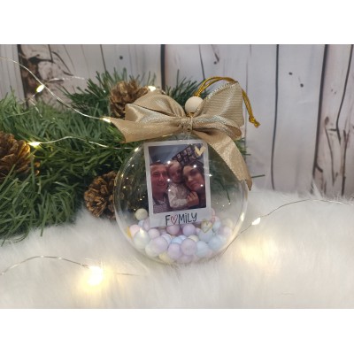 Esfera Navideña Personalizada con Fotografía Polaroid 8 cm y Lazo Dorado