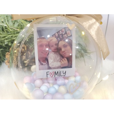 Esfera Navideña Personalizada con Fotografía Polaroid 8 cm y Lazo Dorado