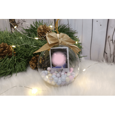 Esfera Navideña Personalizada con Fotografía Polaroid 8 cm y Lazo Dorado