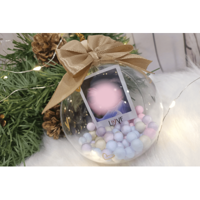 Esfera Navideña Personalizada con Fotografía Polaroid 8 cm y Lazo Dorado