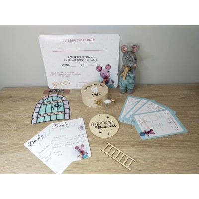 Pack Ratón Pérez Personalizado con Puerta, Escalerita, Cofre y Bote para Dientes – Hecho a Mano