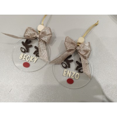 Adorno Navideño de Acrílico Diseño Reno Personalizado con Nombre y Lazo Dorado